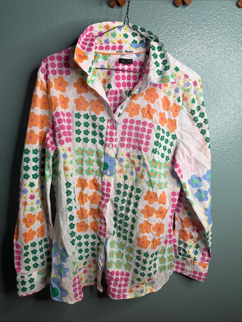 Talbots White Button-Down Shirt with Orange, Pink, Green and Blue Floral Print